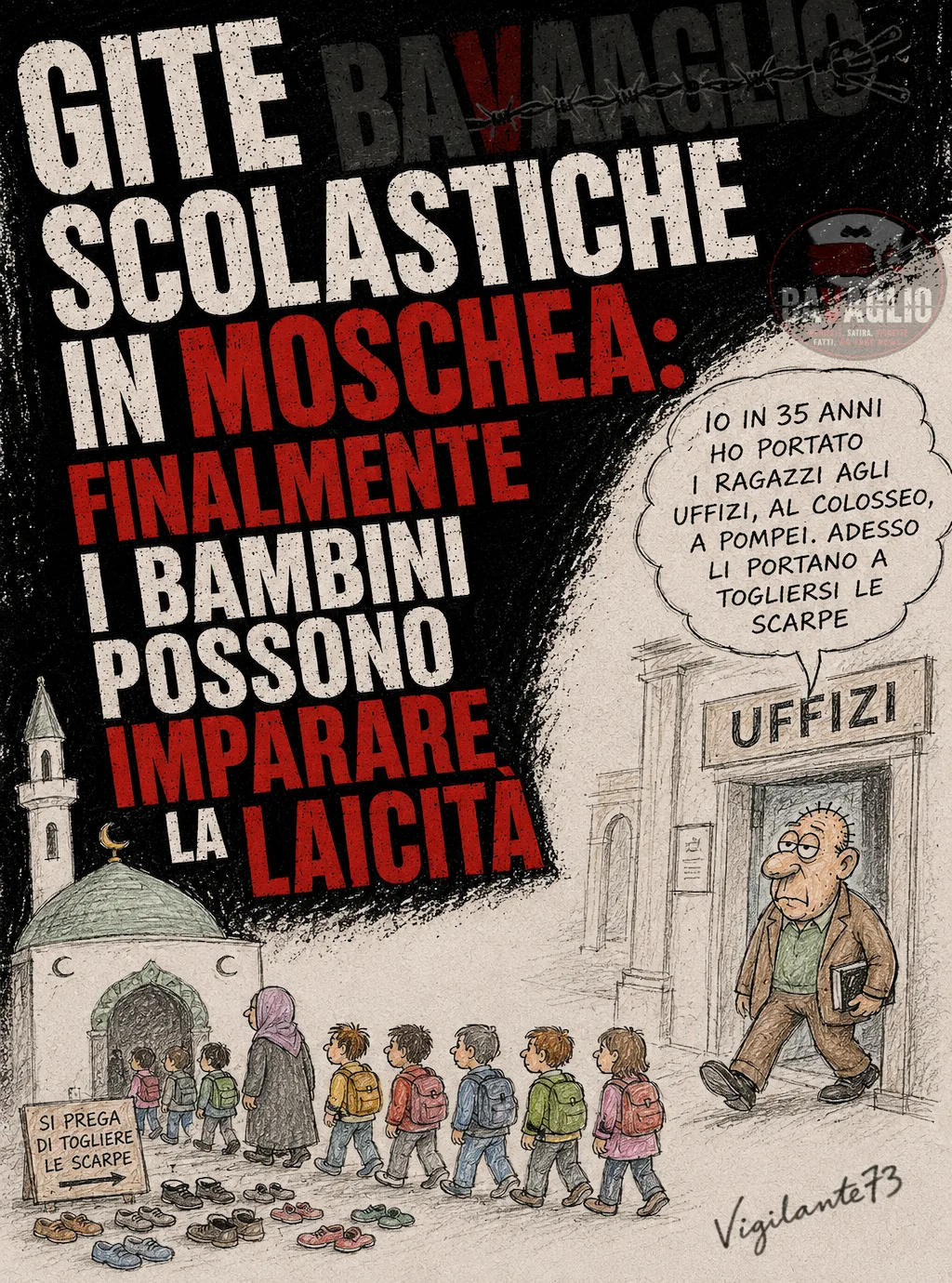 Vignetta satirica: Gite Scolastiche in Moschea: finalmente i bambini possono imparare la laicità